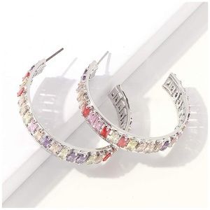 Silver Rainbow CZ Statement Hoop Earrings
